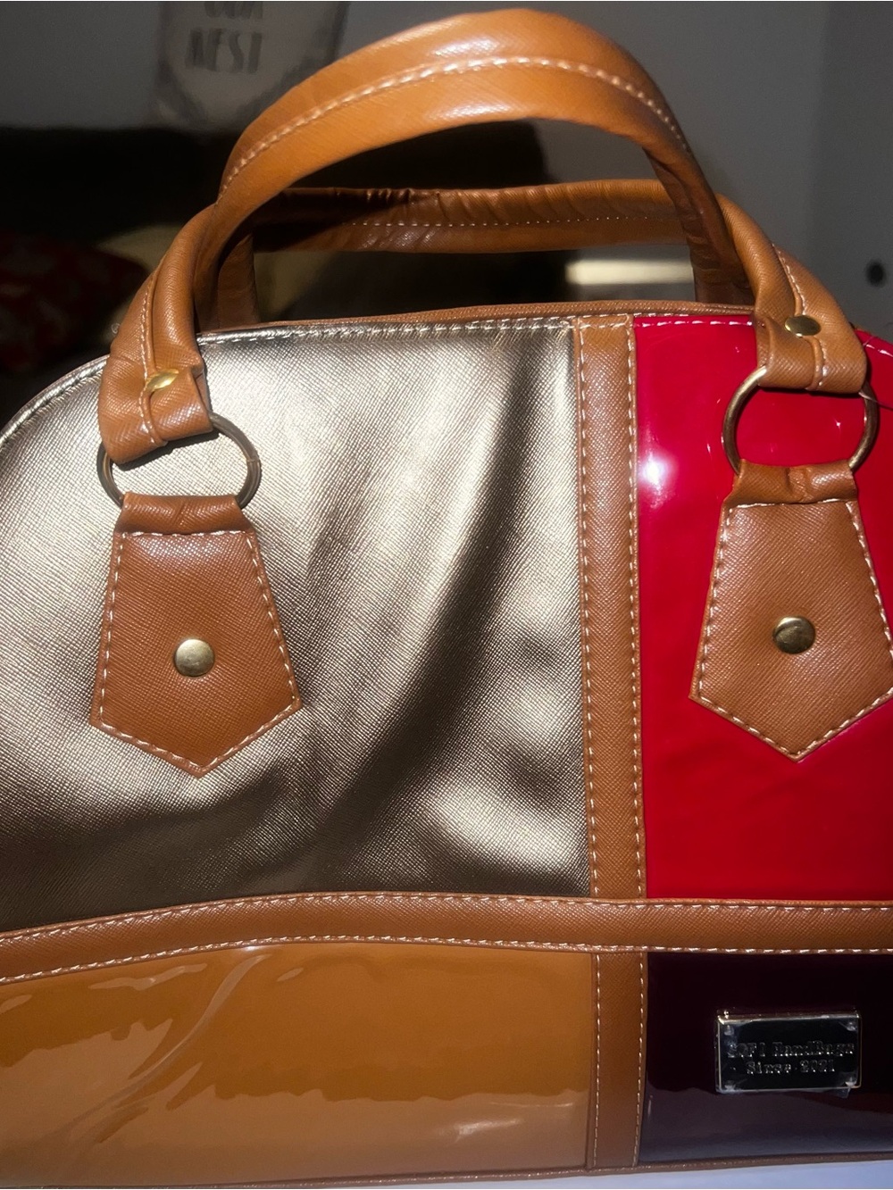 Tan, Red and Metallic Patchwork Satchel Handbag